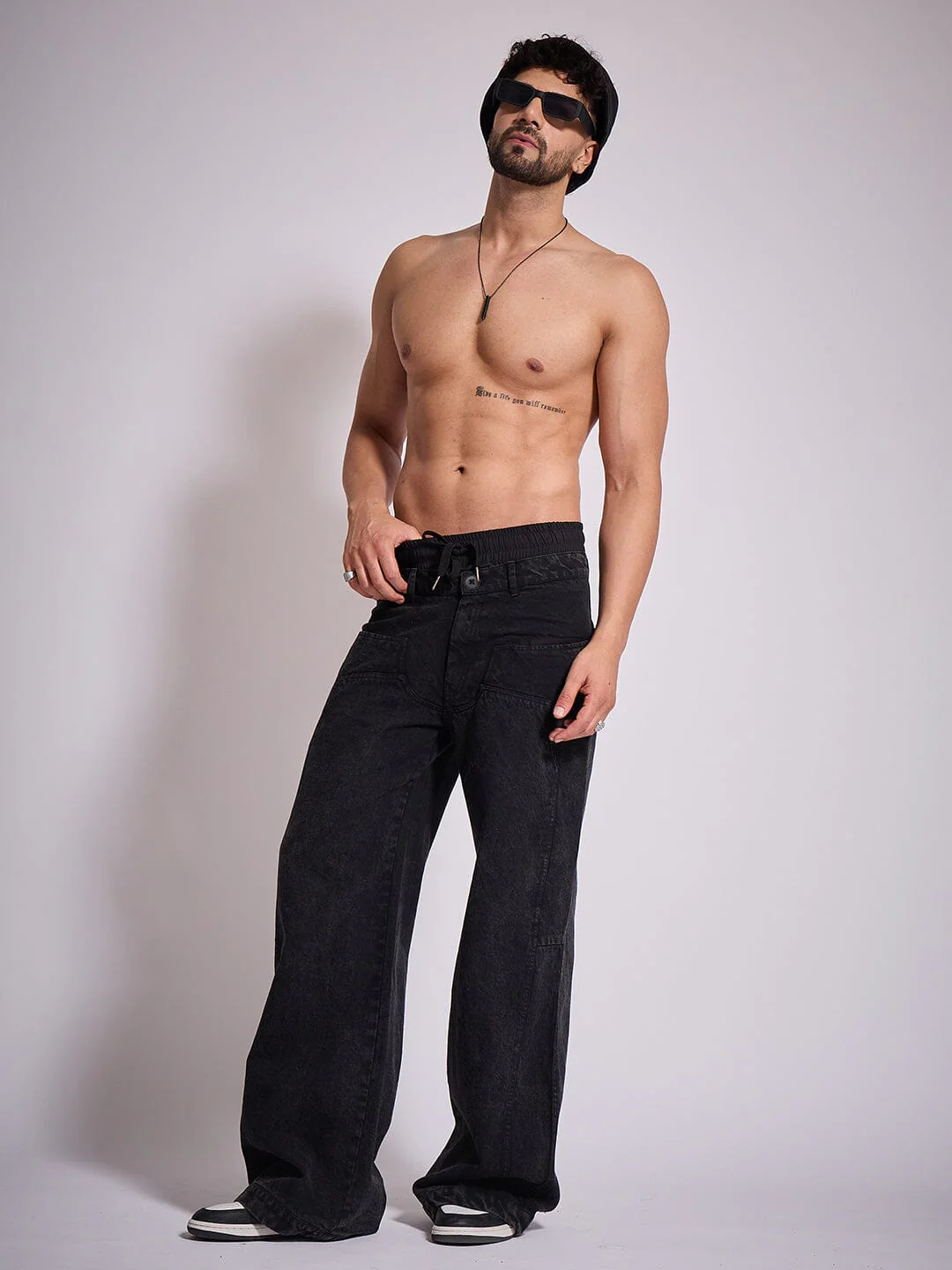 Black Double Waisted Panel Denim - Image 4
