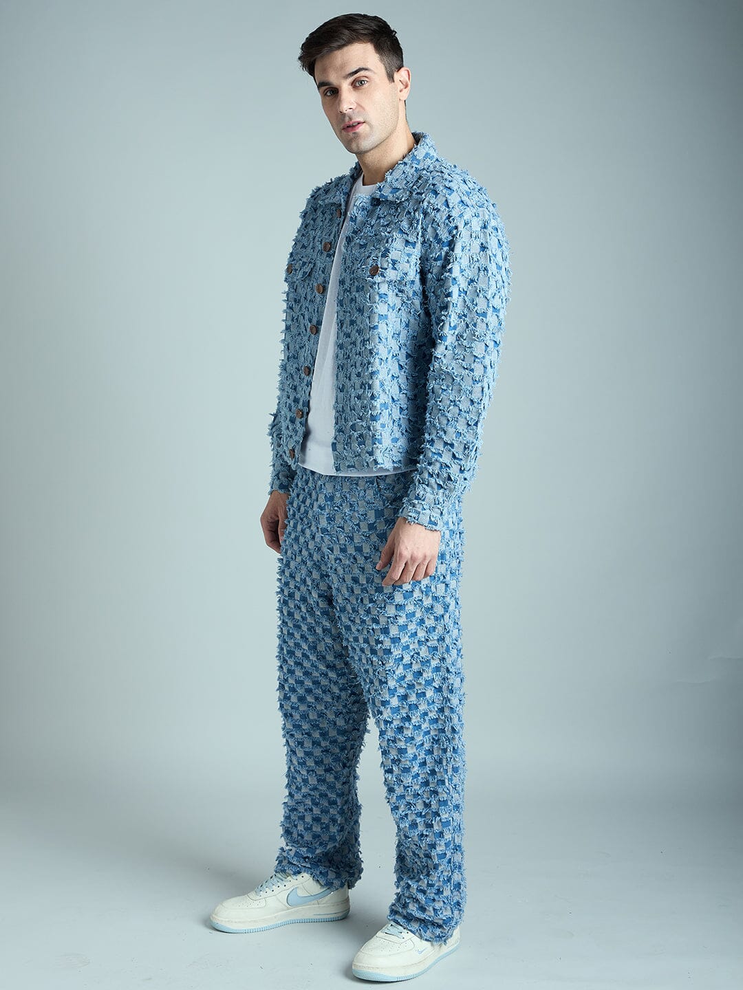 Blue Frayed Jacquard Cropped Denim Jacket & Jeans Clothing Set - Image 5
