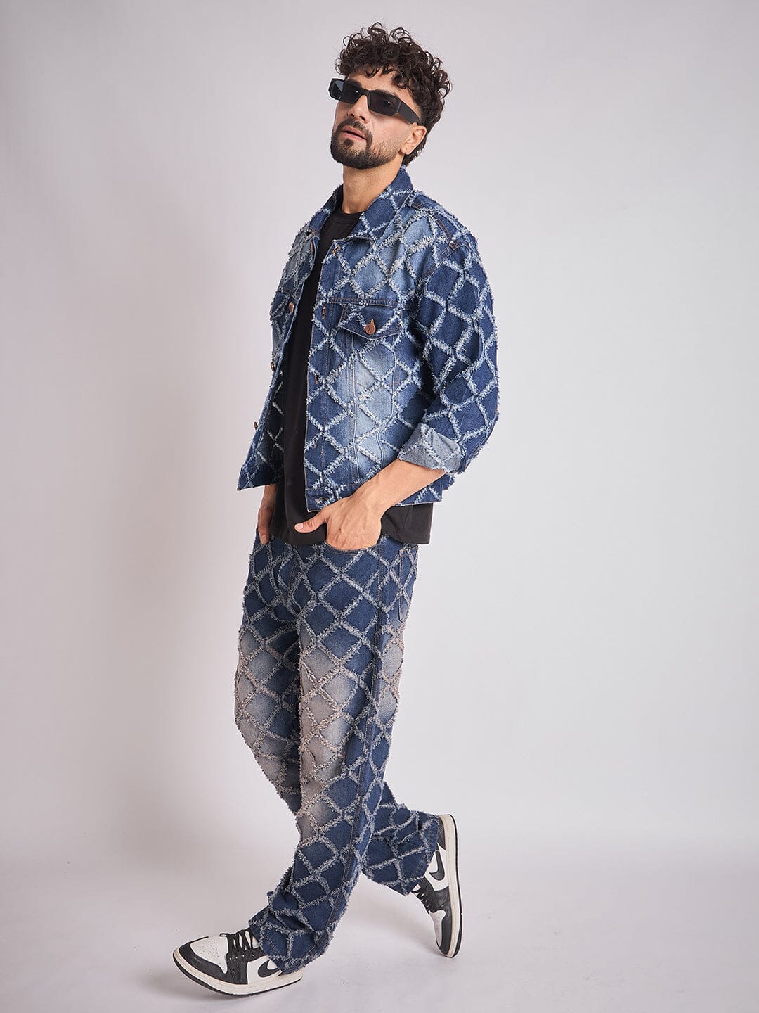Dark Washed Damaged Patterned Denim Jacket & Jeans Clothing Set - Image 3